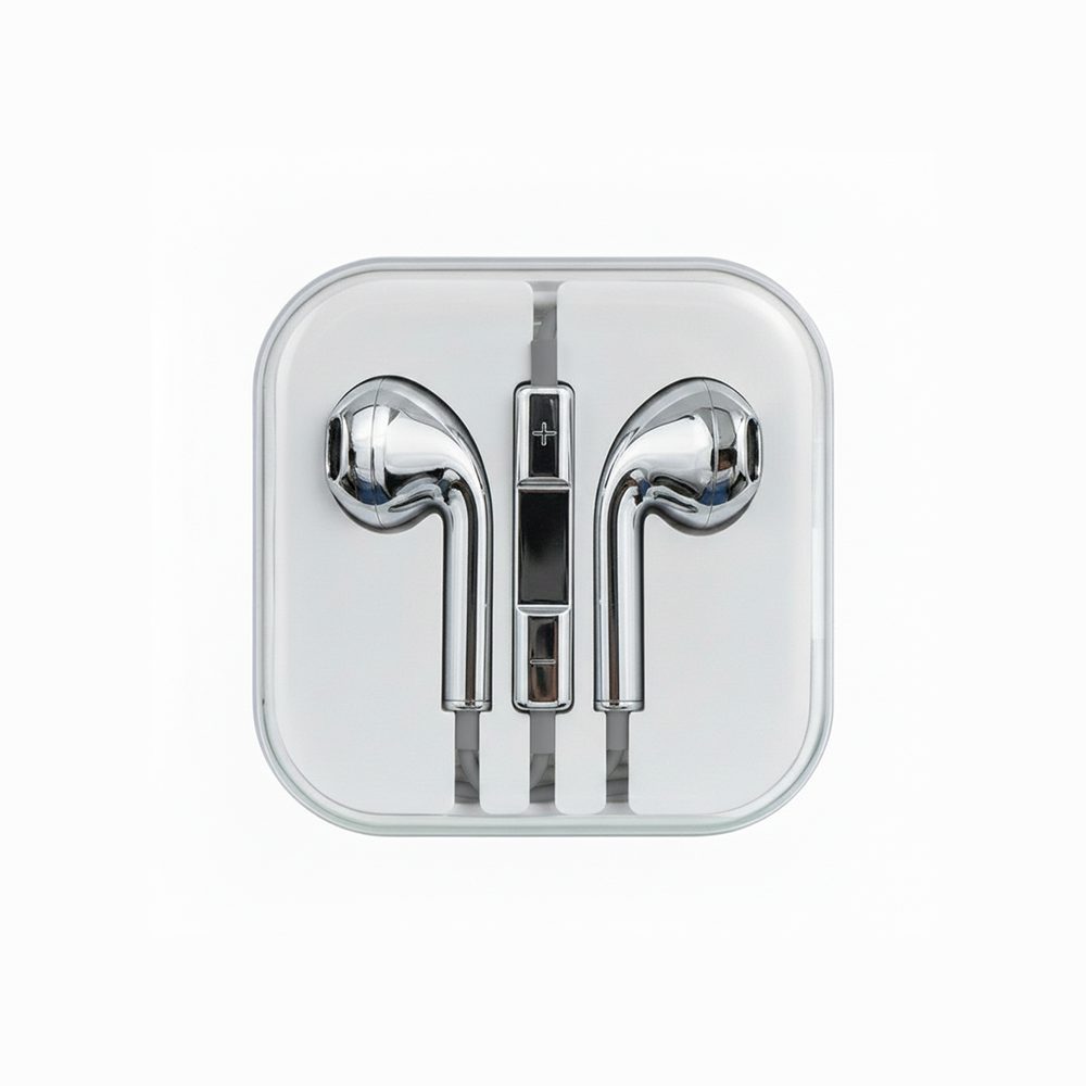Chrome Buds in a clear rounded-square case, silver