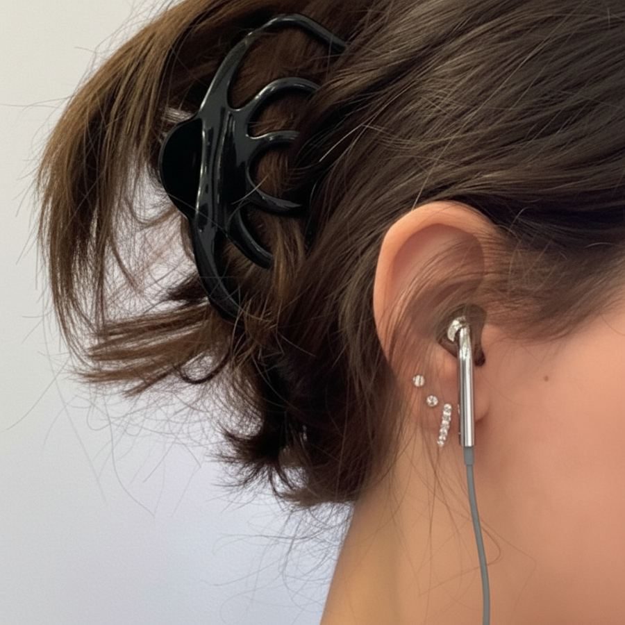 Close-up of an ear wearing a silver earbud, a black claw clip in the hair