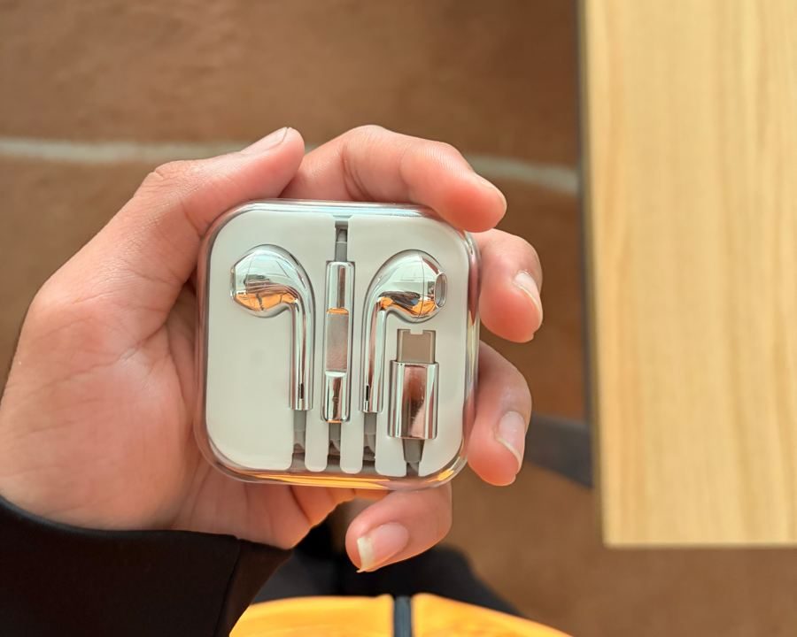A hand holding the buds in a clear case